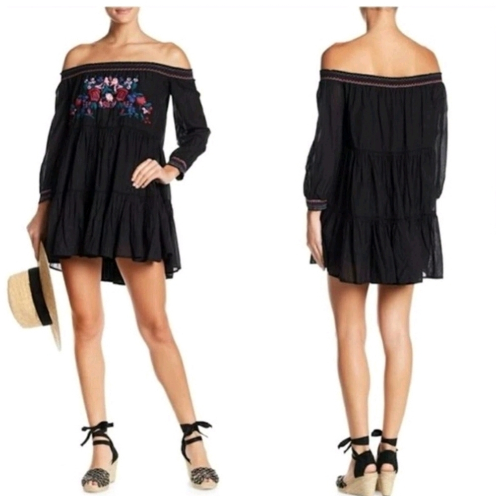 FREE PEOPLE Sunbeams Embroidered Boho Mini Dress Black